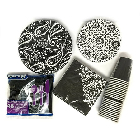 Patio Party Appetizers Black White Ornate Dinner Paper Plates Bundle for 24 - 5 items, 36 Large 8.75