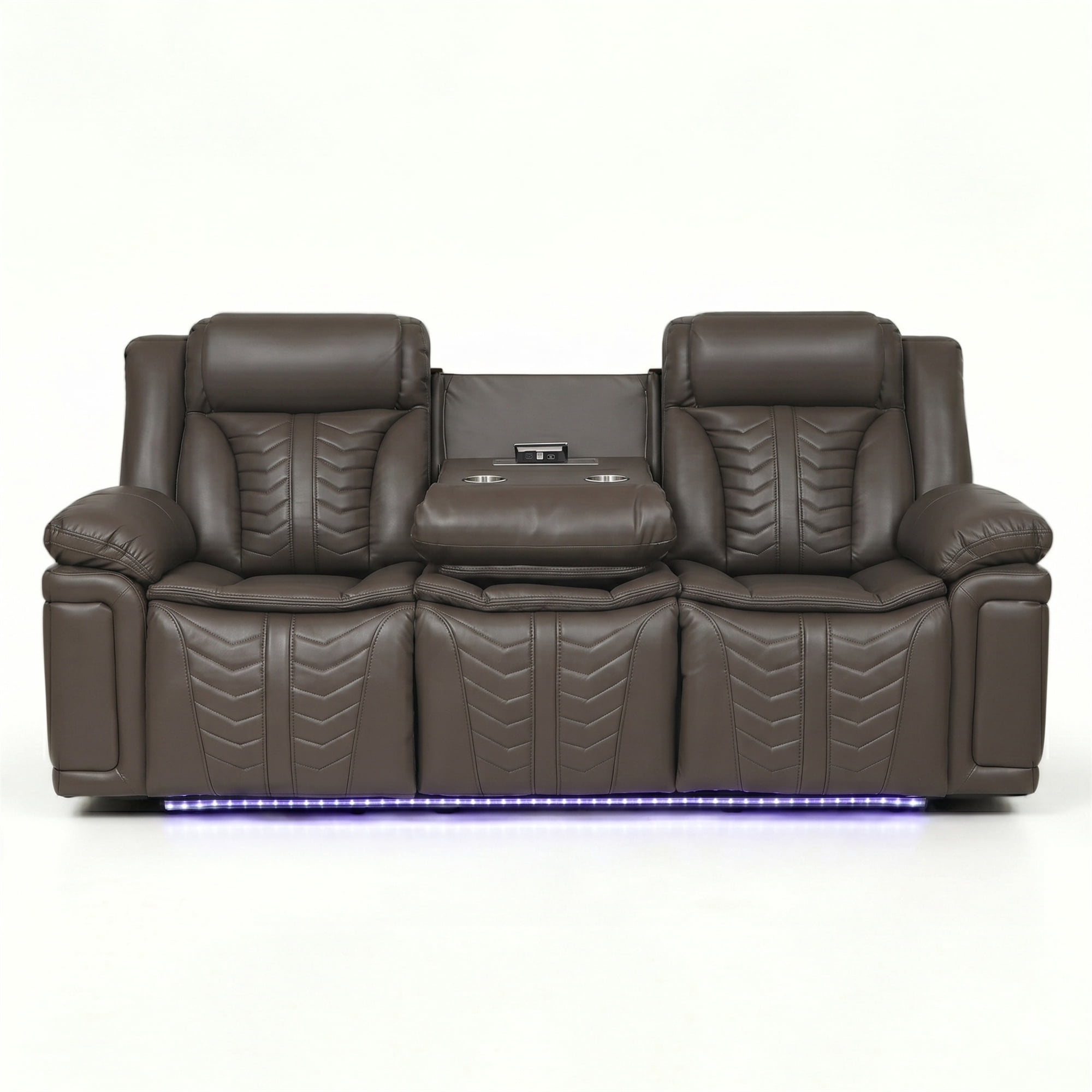 Electra Luxury Power Reclining Sofa - Dark Brown Faux Leather Motion Couch with Drop-Down Table, Wireless Charging, AC/USB/Type-C Power, and Cinematic LED Lighting
