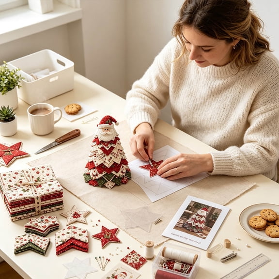 DIY Christmas Tree Sewing Kit, Fabric Patchwork Kit with Felt and Tools, Holiday Desktop Craft (Red)