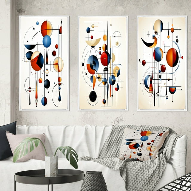 Designart "Minimal Geometry Mystery Source Codes IV" Art Mural Géométrique Moderne Encadré Ensemble de 3 - Cadre Abstrait Blanc sur Toile pour Décoration de Salon