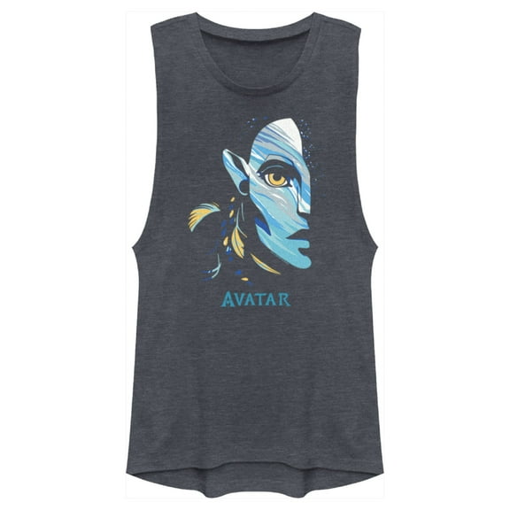 Junior's Avatar: The Way of Water Neytiri Face Logo Festival Muscle Graphic Tee Denim Blue Heather Small