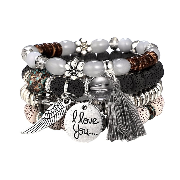 Beaded Stretch Bangles Bohemia Multicapa Sets Apilable Pulseras Strand Pulseras 4 para Mujeres Pulseras