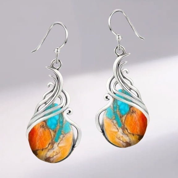 KaiXunRui Retro Pattern Drop Earrings Hollow Teardrop Dangle Earrings With Colorful Stone Design A