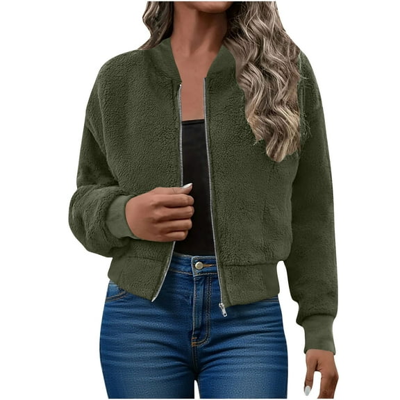 Dasayo Barn Coats for Women Fleece Bomber Green Motorcycle Crop Zip up Jacket Jackets for Women Trendy L