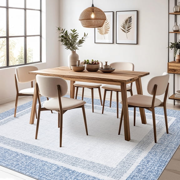 HIWEAVER Light Blue 8′ x 10′ Washable Area Rug for Living Room Soft Geometric Bordered Indoor Modern Large Throw Carpet for Dining Room