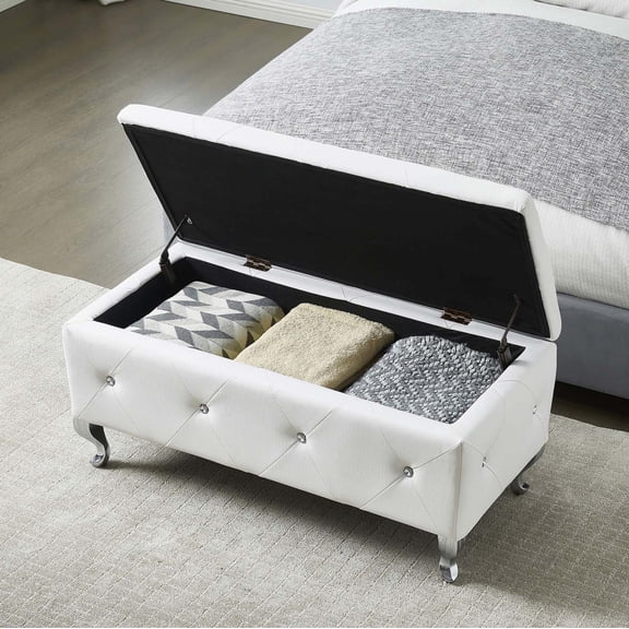 White Ottoman Bench with Crystal Buttons, Versatile Foot Bed Storage Bench for Entryway, End of Bed or as a Stylish Footrest