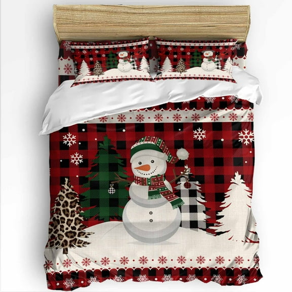 Christmas Snowman Queen Size Comforter Set, Xmas Tree Snowflake Red Plaid Soft Bedding for All Seasons, 4 Pcs Bed Set with 1Comforter (90"x92") ,1 Sheet(94"x116"), 2 Pillowcases (19"x29")