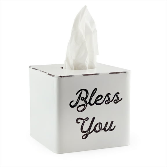 AuldHome Design White Tissue Box Cover; Enamelware Square Distressed Farmhouse Vintage Style Decor Tissue Holder