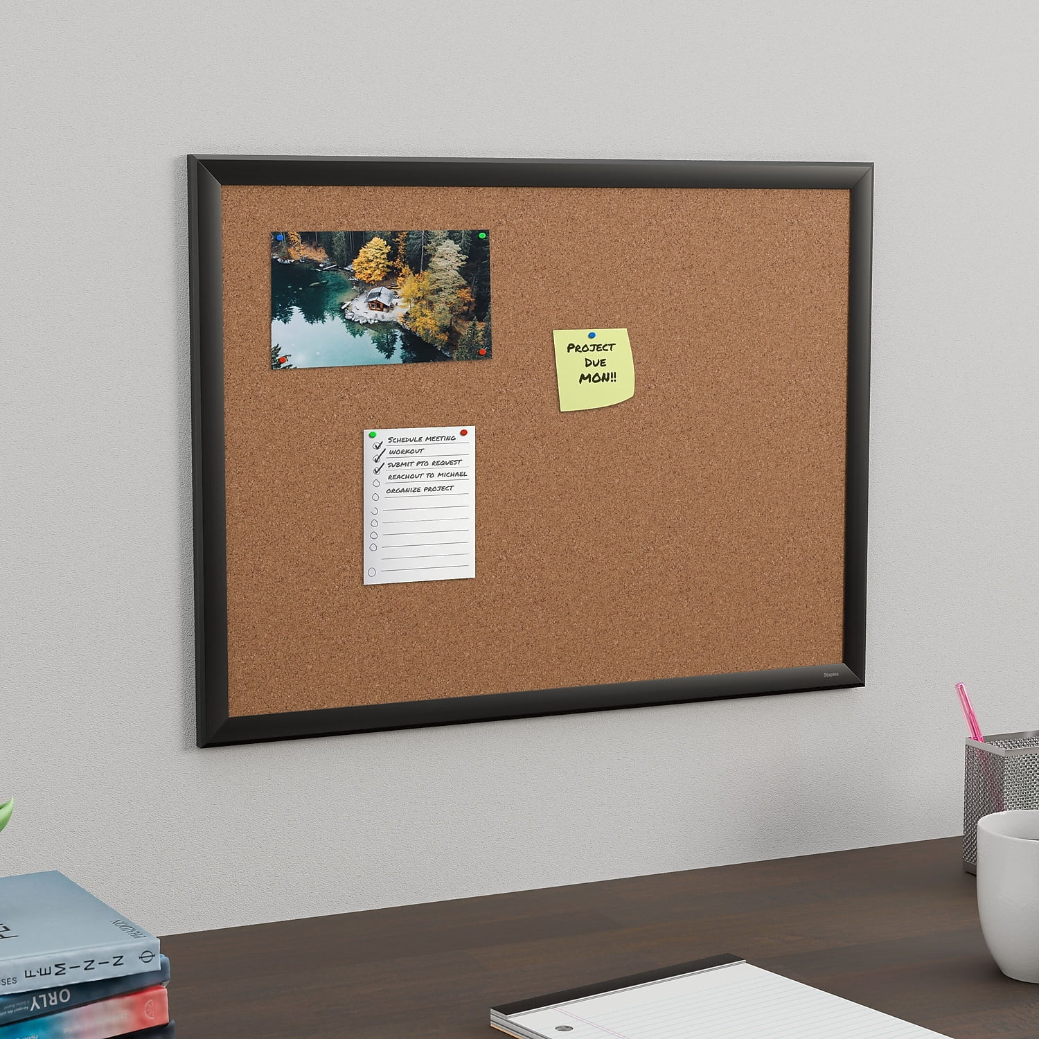 Staples Cork Bulletin Board Black Frame 2' x 1.5' (ST62833)