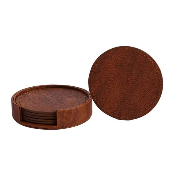Set of 6 Wood Grain Leather Coasters for Tea & Coffee Cups - Insulated, Non-Slip Placemats for Home Bar & Counter,Brown