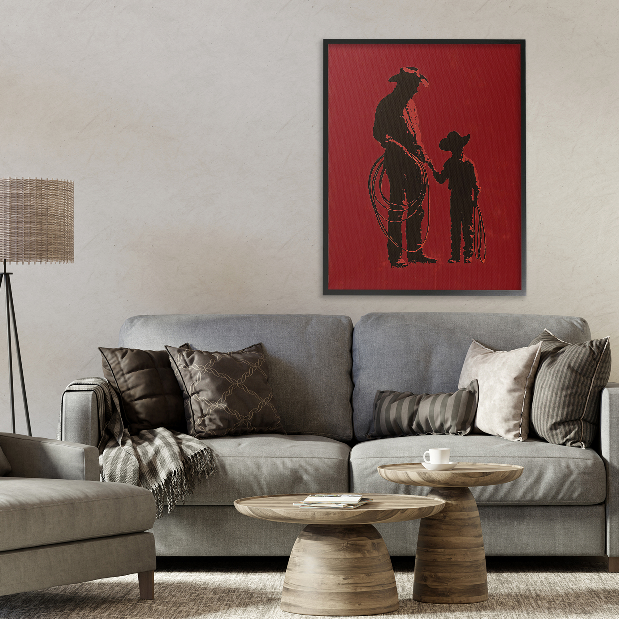 Burgundy Cowboy Father & Son Black Framed Giclee Art, design by Arlington Prints