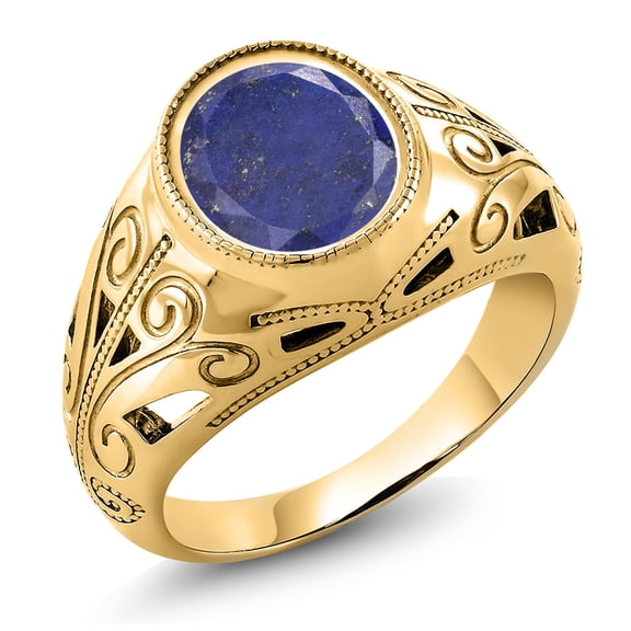 Gem Stone King Blue Lapis Dad Father's Day Gift Men's Ring | 18K Yellow Gold Plated Silver | 4.00 Cttw | Oval 12X10MM | Gemstone Birthstone | Available in Size 5, 6, 7, 8, 9 | Size 7