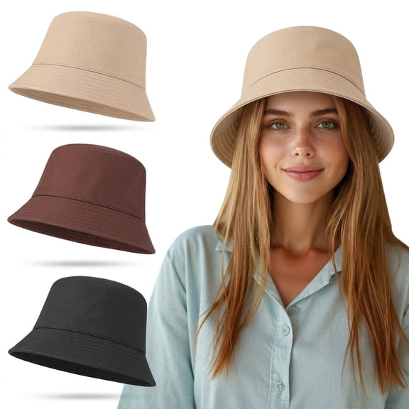 Bocaoying 3-Pack Unisex Bucket Hat Black Khaki Beige UPF Sun Protection Summer Outdoor Cap Packable Lightweight