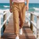 thumbnail image 4 of Pantalones largos de lino para hombre, informales, a la moda, transpirables, con cordón, cintura ajustada, piernas anchas, pantalones largos de rayón para hombre., 4 of 9