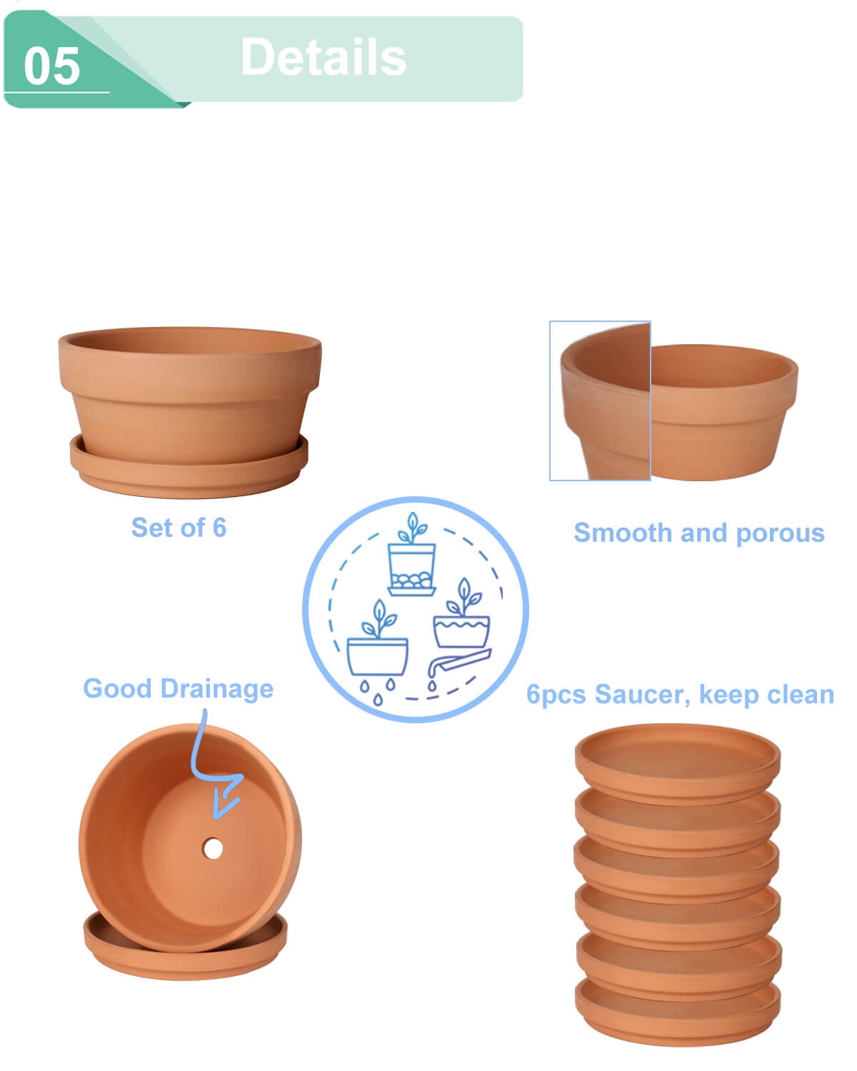 3.7 Inch Terracotta Shallow Succulent Pot - 6 Pack Terra Cotta Clay Pots with Saucer, Cacuts Terra-Cotta Indoor and Outdoor Planters with Drainage Hole
