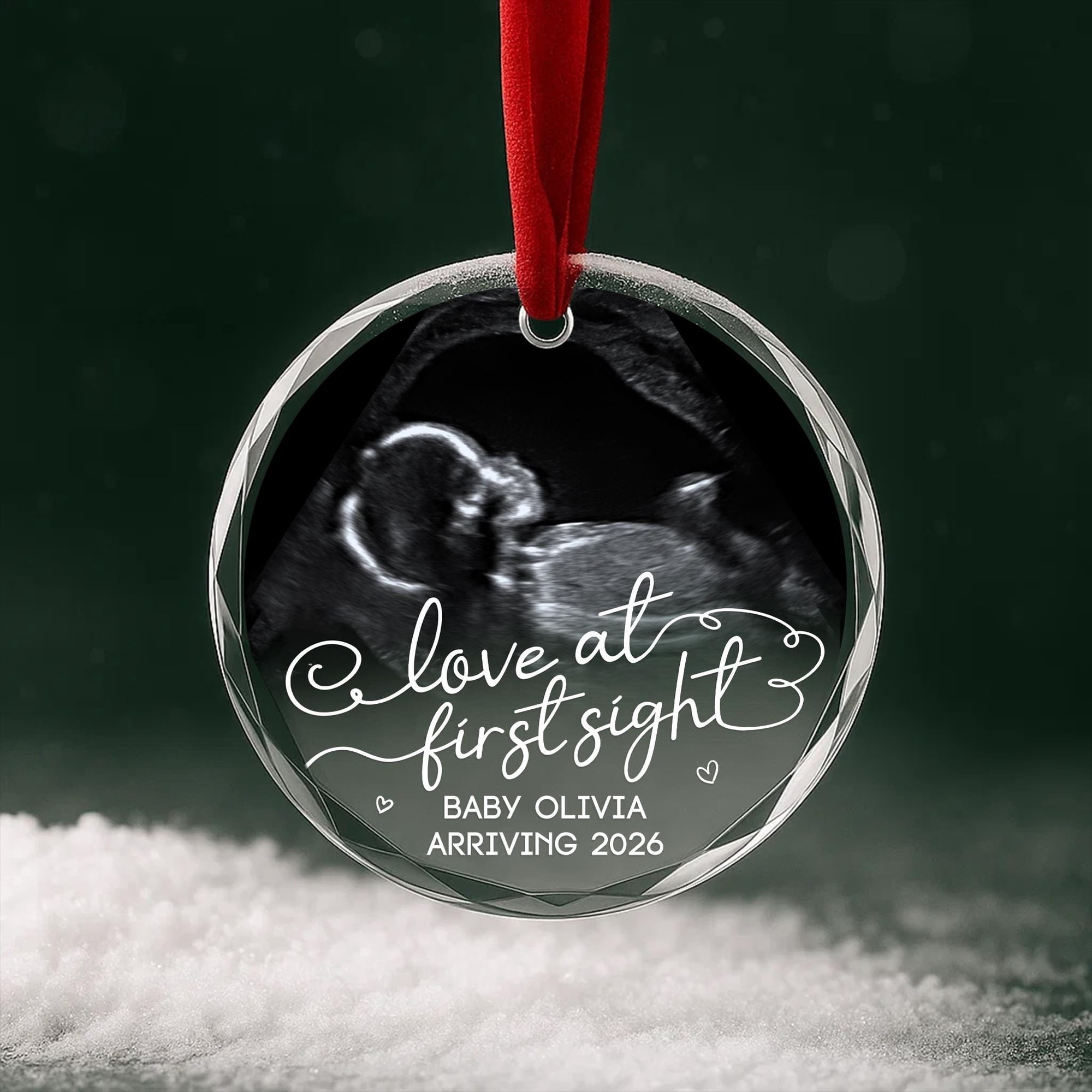 Ultrasound photo glass ornament personalized | baby announcement; â€œLove at first sightâ€ quote; custom picture Christmas keepsake