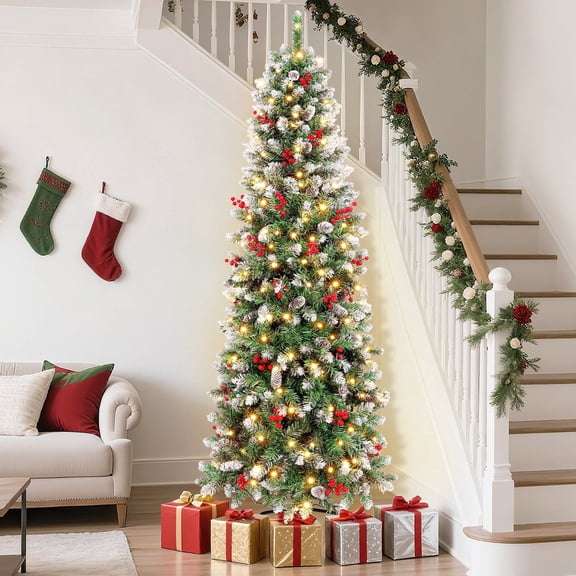 Aufelie 6ft Pencil Christmas Tree, Slim Pre-Lit Xmas Tree, 200 LED Lights, 600 Hinged Tips, Pine Cones, Berries, Metal Stand