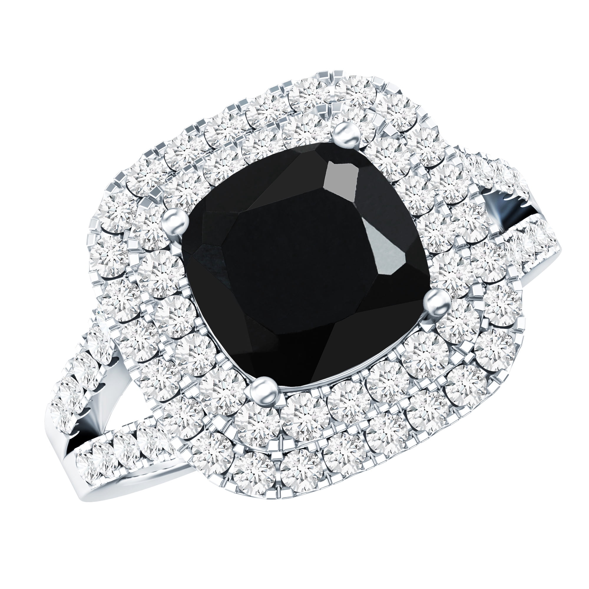 Rosec Jewels Black Onyx and Diamond Engagement Ring in Silver - AAA Quality Onyx Halo Ring for Women - with Jewelry Box, US 5.00