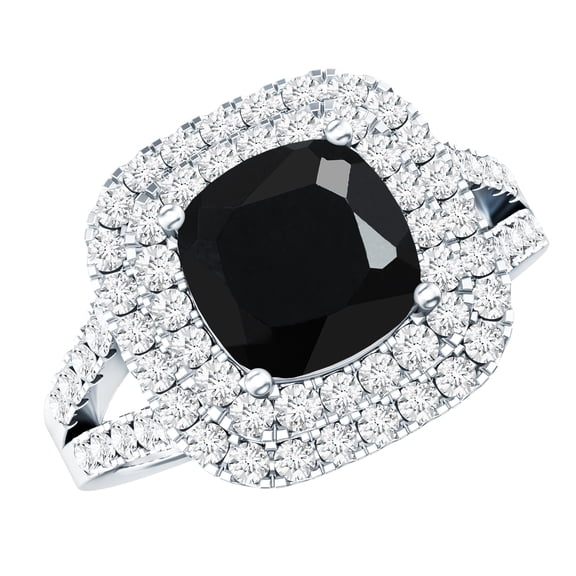 Rosec Jewels Real Black Onyx Cushion Cut Engagement Ring with Double Halo - Black Onyx Ring for Women (8 mm, AAA Grade), 925 Sterling Silver, US 4.00