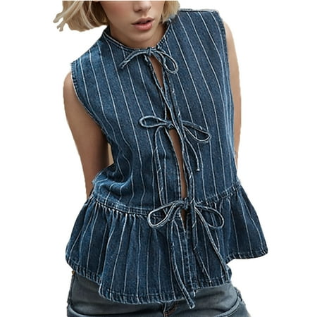 Hvyesh Women Y2k Denim Peplum Shirt Trendy Jean Tank Tops Tie Open Front Ruffle Hem Loose Blouse Dressy Summer Babydoll Tops