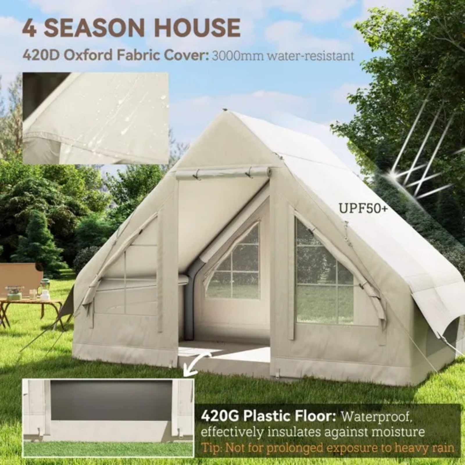 Extra Large Camping Tent, Level 4 Windproof, Waterproof, Easy To Set Up and Transport, 420D Oxford Cloth, with Carry Bag, Suitable for Camping, Picnic, Hunting, Fishing Beige 3 Person Tent