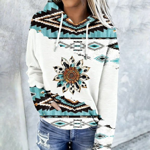Weiqiqre Womens Oversized Sweatshirt Geometric Print Vintage Hoodie Pullover Western Ethnic Rhombus Printed Hooded Sweatshirt