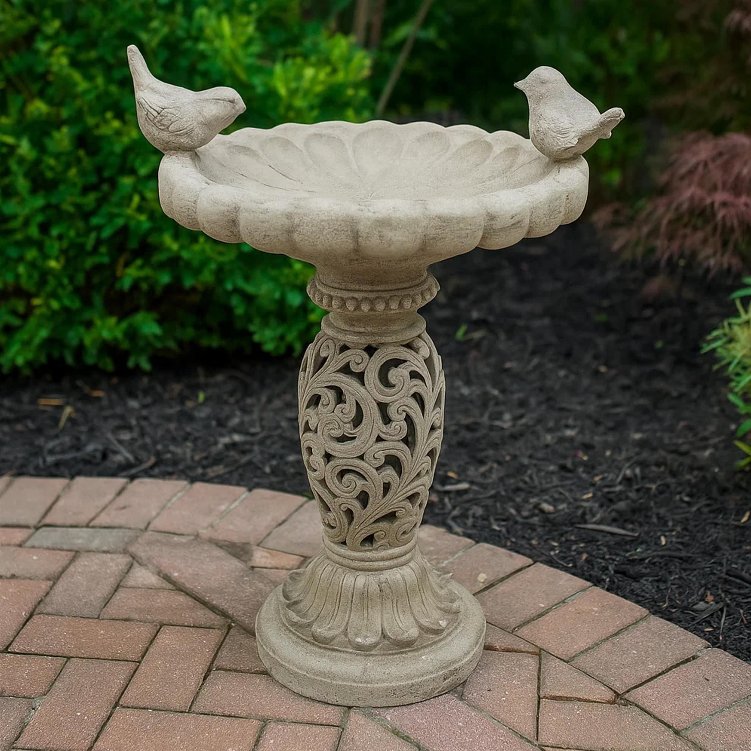 Benjara Niam Bird Bath Sculpture- 26" Weathered White Scrolled Resin
