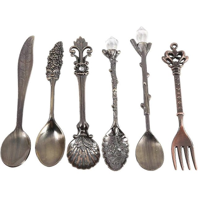 Juego de cucharillas y tenedores para café, estilo vintage real, de metal, talladas, para leche y café, regalo