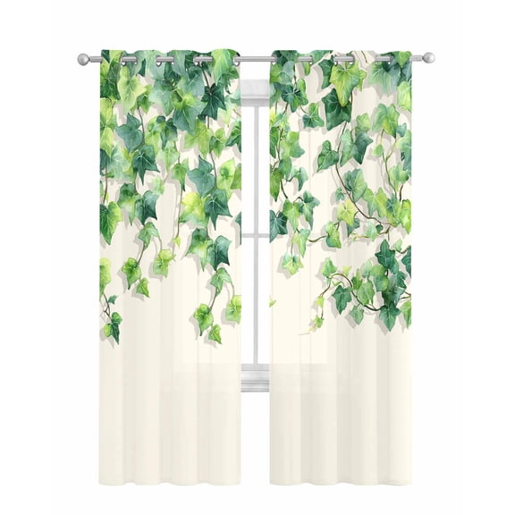 Country Leaves Sheer Curtains 63 Inch Length 2 Panels Set for Living Room/Bedroom, Spring Green Leaf Branches Vine Botanical Kitchen Curtains Grommet Semi-Sheer Curtains Window Treatments 42"x63"x2