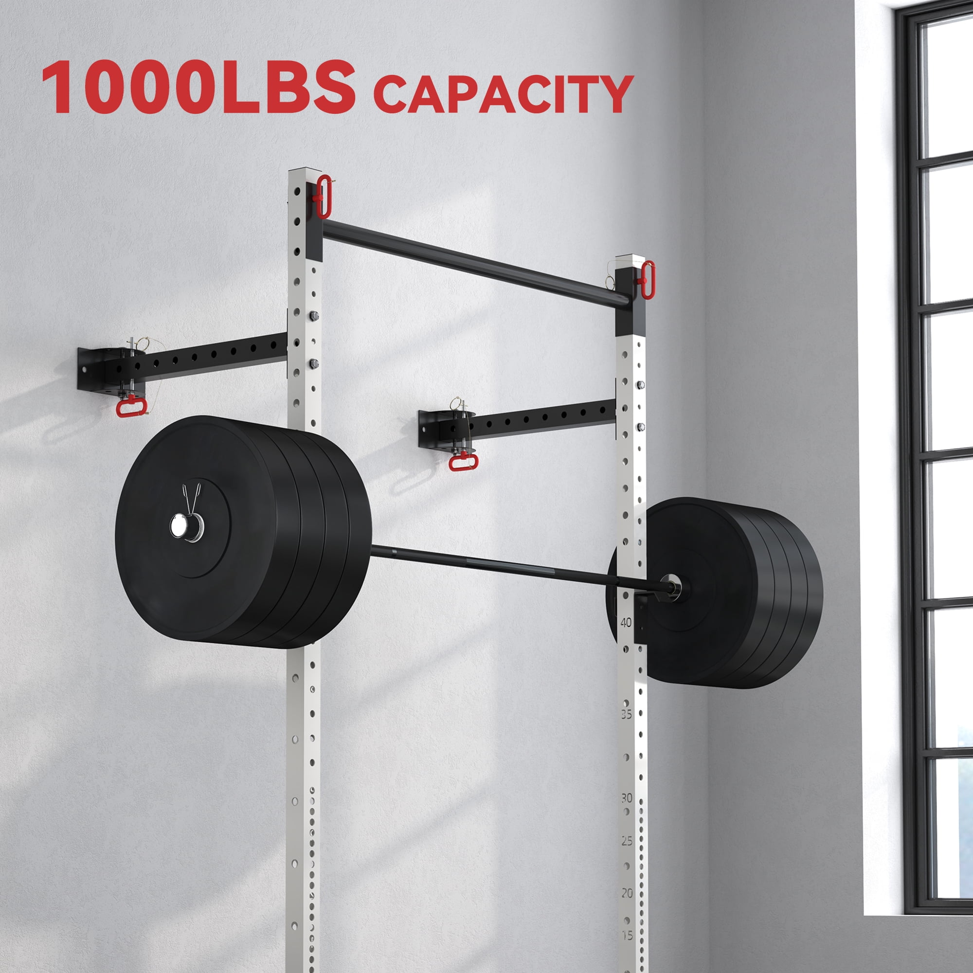Soozier Folding Squat Rack with Pull Up Bar, Wall Mounted, 1000 Pounds Capacity Power Rack, White