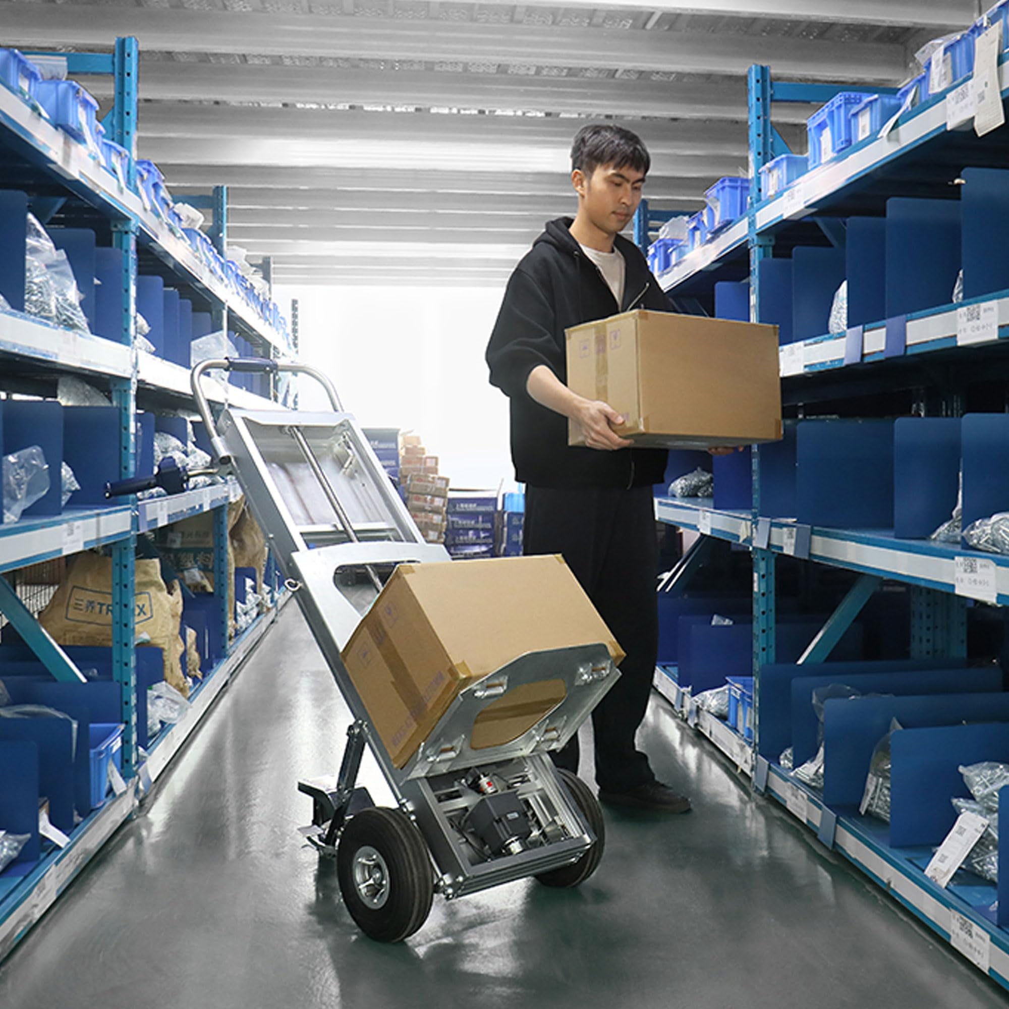 Electric Material Lift Stacker and Motorized Hand Trucks Dolly Moving Cart - 375 lbs Capacity & 32.3" Max Lift Height of Loading Plate