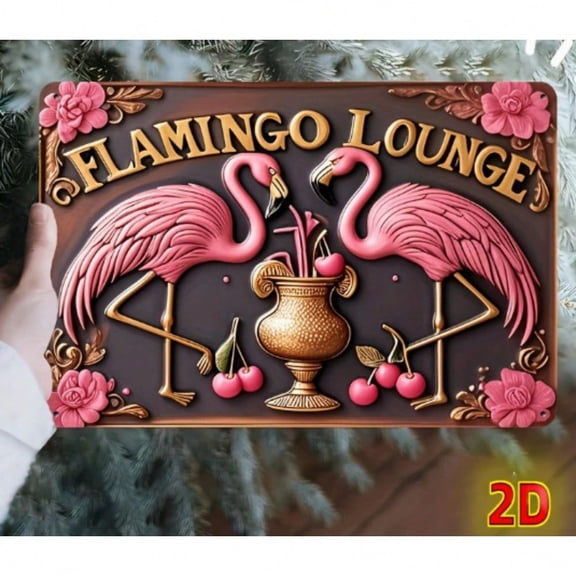 HELLOYOUNG Vintage Flamingo Lounge Metal Sign, Retro 2D Art Wall Decor, Tropical Bar Man Cave Tiki Style Decoration Accent