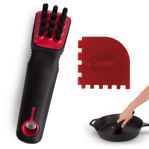 Cast Iron Scrubber Cleaning Brush + Pan/Grill Scraper - Skillet and Grill Cleaner Kit - Soft-Touch Confident-Grip Dish Scrub Tool - Bristle