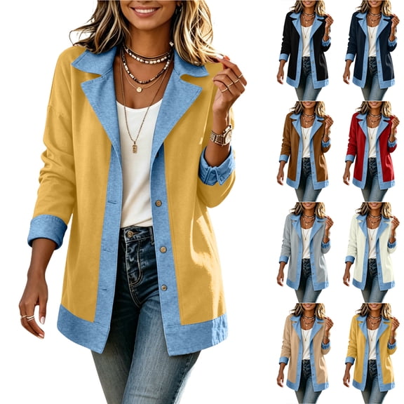 Otntypg Patchwork Denim Long Jacket for Women Button Down Notch Collared Long Sleeve Cardigan Outwear Jackets Trendy Casual Loose Lightweight Trench Coats with Pockets