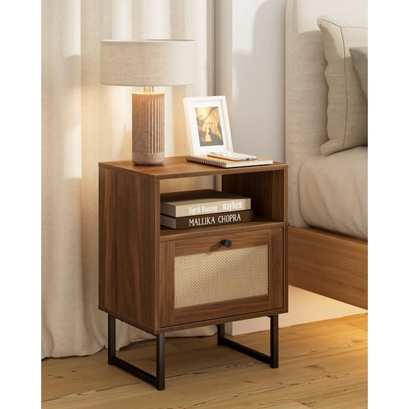 Rattan & Walnut Wood Boho Farmhouse Nightstand, Storage End Table with Open Shelf for Bedroom and Living Room