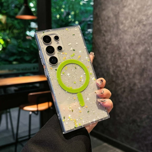 For Samsung Galaxy S25 Edge Magnetic Clear Phone Case,Compatible with Mag-Safe,Sparkly Glitter Bling Sparkly Back,Luxury Colored Sequin Design,Shockproof Anti-fall Transparent Phone Case,Green