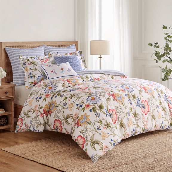 Levtex Home - Maileen Duvet Set - Full/Queen Duvet Cover (90x94in.) and 2 Standard Shams (20x26in.) - Floral - Blue Coral Green White - Reversible - Cotton