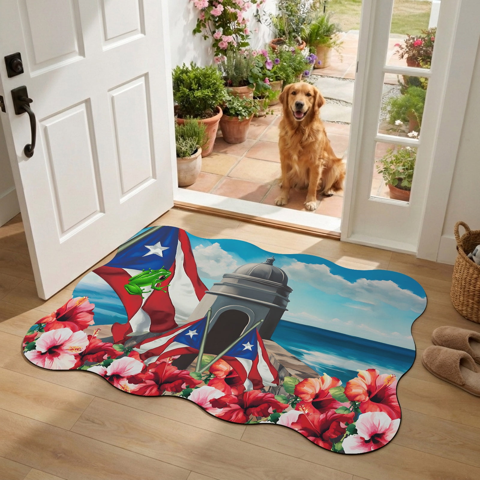 Indoor Doormat Front Door Mat 20 x31.5 Red Blue Flag Absorbent & Non-Slip Scalloped Doormat Indoor Entrance Low-Profile Welcome Mat for Entryway Patio Spring Floral Coastal Ocean Botanical