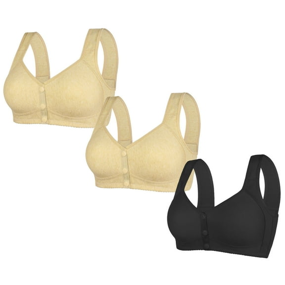 WREESH 3 Pack Push-Up Bra Women Solid Color Large Breathable No Underwire Bras Front Opening Bra Wrapped Up Cup Side Fold Breast Lift Bra Underwear Black