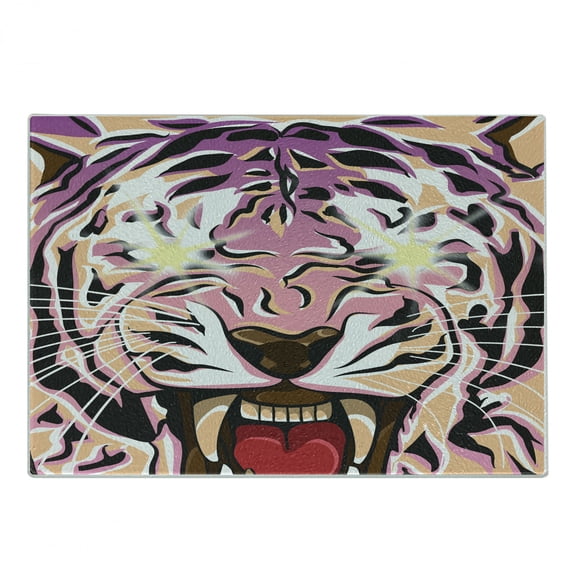 Tiger Cutting Board, Style Macro Illustration of Strong Jungle Animal Face with Abstract Colors, Decorative Tempered Glass Cutting and Serving Board, in 3 Sizes, by Ambesonne
