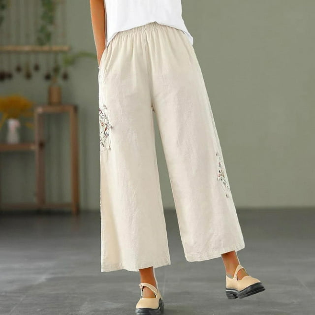 Babysbule Long Pants for Women Pants For Ladies Casual Summer Drawstring Elastic High Waist Linen Pant Pockets Cropped Trouser