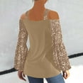 thumbnail image 4 of Brilliant Womens Tops under $5 Tops for Women Elegant Sparkly Tee Blouses Cocktail Party Club Tops Cross Necked off Shoulder Lantern Sleeve Patchwork Casual T-Shirt Brown M, 4 of 7
