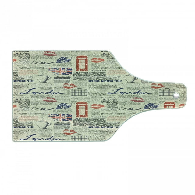 Tea Party Cutting Board, London Newspaper Inspired Background with Grunge Elements Kiss Marks, Tempered Glass Cutting and Serving Board, Wine Bottle Shape, Beige Navy Blue Red, by Ambesonne