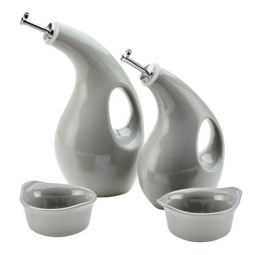 Rachael Ray Ceramics EVOO and Ramekin Dipper Set, 4-Piece, Light Sea Salt Gray