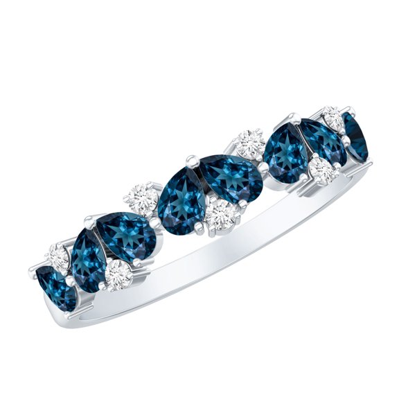 Rosec Jewels Natural London Blue Topaz Half Eternity Ring - AAA Quality - Pear Shape Blue Topaz Diamond Ring - with Jewelry Box, 925 Sterling Silver, US 4.00