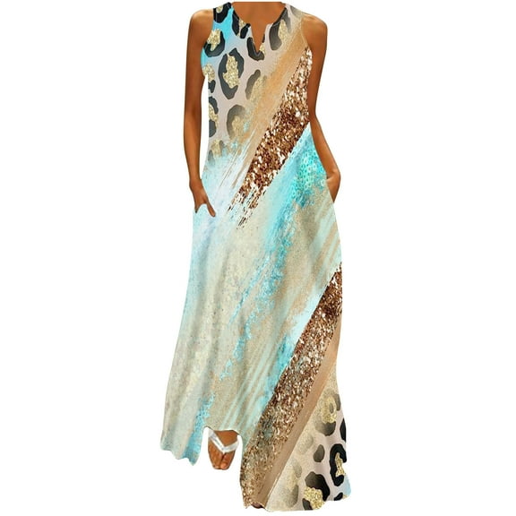 pimelu Dresses for Women Womens Dresses Vintage Loose Party Long Tank Dresses with Pocket Summer Elegant Leopard Print Sleeveless V-Neck Women Maxi Sun Dresses