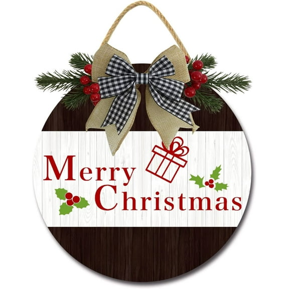 Eveokoki 12" Merry Sign Christmas Welcome Sign for Front Door Round Wooden Hanging Wreaths for Porch Home Wall Decor Farmhouse Christmas Holiday Decoration Outdoor Indoor