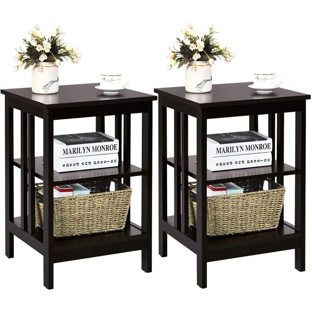 Finihen End Side Table, Nightstand, 2 Pieces 3-Tier Nightstand with Reinforced Bars and Stable Structure, Sofa Side Table, Bed Side Table, for Living Room, Bedroom, Dark Brown