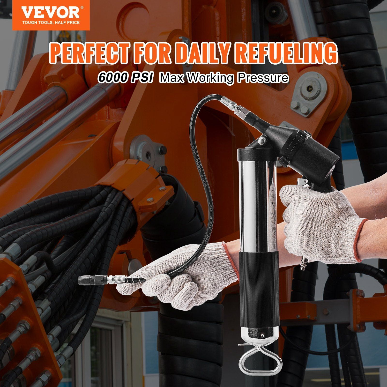 HCY Air Operated Grease Gun, 6000PSI, 14 OZ/400 CC Capacity Heavy Duty Pneumatic Grease Gun, with 18.5 Inch Flexible Hose, 1 Black Flat Coupler Pointed Coupler Bent Metal Pipe Locking Clamp Coupler