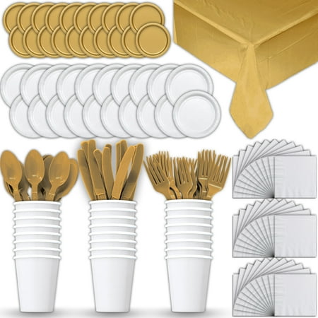 Gold Dinner Knife - Paper Tableware Set for 24 - White & Gold - Dinner and Dessert Plates, Cups, Napkins, Cutlery (Spoons, Forks, Knives), and Tablecloths - Full Two-Tone Party Supplies Pack